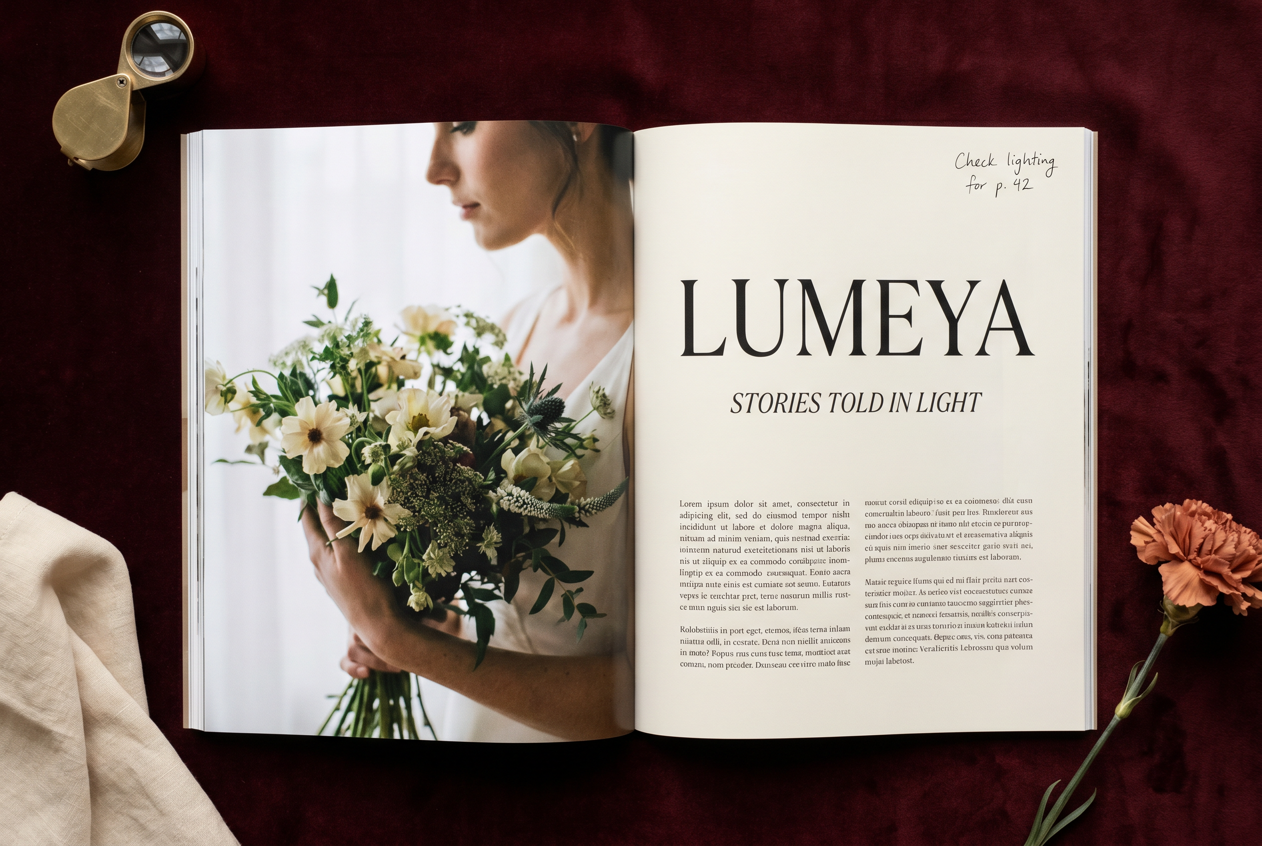 Açık düğün dergisinin spread'inde Lumeya yayını flatlay