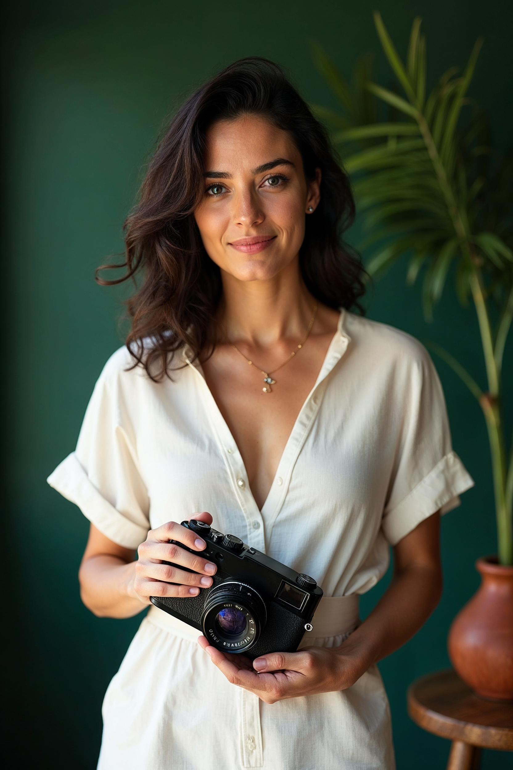 Elinde vintage Leica kamera tutan Selin Yıldırım portresi